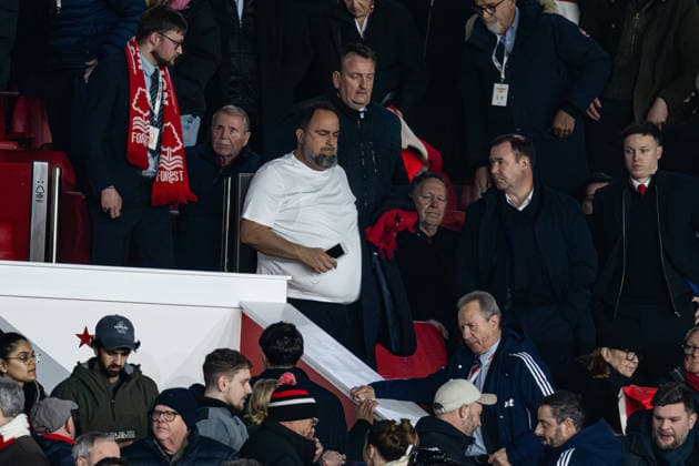 11th February 2026; The City Ground, Nottingham, England; Premier League Football, Nottingham Forest versus Wolverhampton Wanderers; An unhappy Nottingham Forest owner Evangelos Marinakis leaves his seat after the final whistle with Forest legend John McGovernahead of him  GodfreyxPitt Content restricted for UK based newspaper