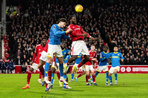 11th February 2026; The City Ground, Nottingham, England; Premier League Football, Nottingham Forest versus Wolverhampton Wanderers; Ibrahim Sangare of Nottingham Forest wins an aerial duel with Santiago Bueno of Wolverhampton Wanderers  GodfreyxPitt Content restricted for UK based newspaper
