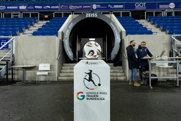 Google Pixel Womens Bundesliga FC Carl Zeiss Jena vs FC Bayern Munich Jena 11 02 2026 Match ball in front of the players tunnel Google Pixel Womens Bundesliga FC Carl Zeiss Jena vs FC Bayern Munich ad hoc arena at Ernst Abbe Sportfeld 11 02 2026 DFB REGULATIONS PROHIBIT ANY USE OF PHOTOGRAPHS AS IMAGE SEQUENCES AND OR QUASI VIDEO Copyright: xBEAUTIFULxSPORTS Duehringx