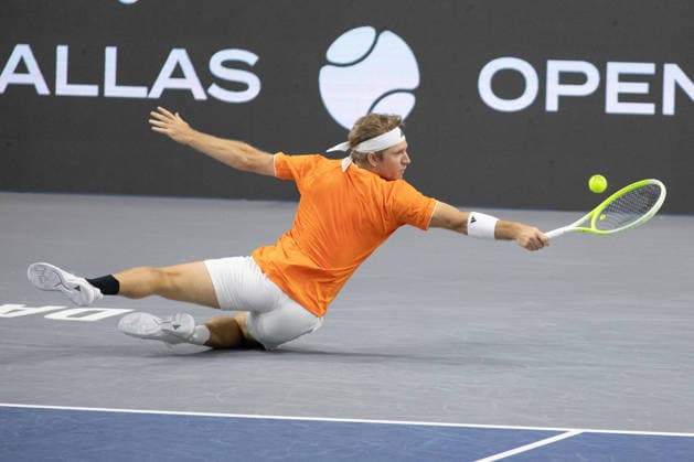 February 11, 2026, Frisco, Texas, USA: ALEJANDRO DAVIDOVICH FOKINA (ESP) dives for the ball during a menÃ¢â‚¬â ¢s singles match at 2026 Nexo Dallas Open at The Ford Center at The Star in Frisco, Texas.Alejandro Davidovich Fokina defeated Alex Michelson 6:4, 6:4. Frisco USA - ZUMAh193 20260211_zsp_h193_089 Copyright: xDanielxMcGregor-Huyerx
