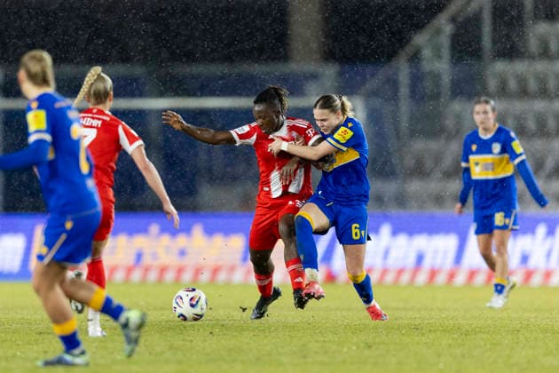 Google Pixel Womens Bundesliga FC Carl Zeiss Jena vs FC Bayern Munich Jena 11 02 2026 Bernadette Amani 15 FC Bayern Munich vs Nike Andersson 6 FC Carl Zeiss Jena Google Pixel Womens Bundesliga FC Carl Zeiss Jena vs FC Bayern Munich ad hoc arena at Ernst Abbe Sportfeld 11 02 2026 DFB REGULATIONS PROHIBIT ANY USE OF PHOTOGRAPHS AS IMAGE SEQUENCES AND OR QUASI VIDEO Copyright: xBEAUTIFULxSPORTS Duehringx
