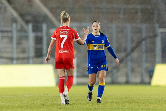 Google Pixel Womens Bundesliga FC Carl Zeiss Jena vs FC Bayern Munich Jena 11 02 2026 Giulia Gwinn 7 FC Bayern Munich and Olivia Alcaide 9 FC Carl Zeiss Jena Google Pixel Womens Bundesliga FC Carl Zeiss Jena vs FC Bayern Munich ad hoc arena at Ernst Abbe Sportfeld 11 02 2026 DFB REGULATIONS PROHIBIT ANY USE OF PHOTOGRAPHS AS IMAGE SEQUENCES AND OR QUASI VIDEO Copyright: xBEAUTIFULxSPORTS Duehringx