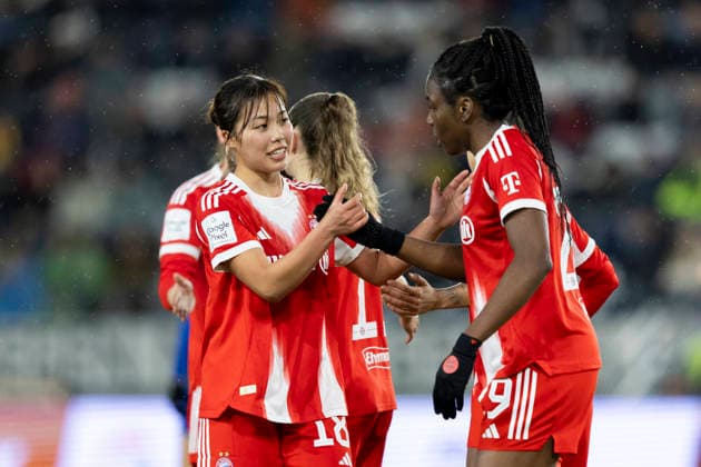Google Pixel Womens Bundesliga FC Carl Zeiss Jena vs FC Bayern Munich Jena 11 02 2026 Momoko Tanikawa 18 FC Bayern Munich left and Edna Imade 29 FC Bayern Munich right Google Pixel Womens Bundesliga FC Carl Zeiss Jena vs FC Bayern Munich ad hoc arena at Ernst Abbe Sportfeld 11 02 2026 DFB REGULATIONS PROHIBIT ANY USE OF PHOTOGRAPHS AS IMAGE SEQUENCES AND OR QUASI VIDEO Copyright: xBEAUTIFULxSPORTS Duehringx