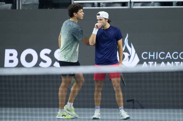 February 11, 2026, Frisco, Texas, USA: BEN SHELTON (USA) and ALEKSANR KOVACEVIC (USA) interact during a menÃ¢â‚¬â ¢s doubles match at 2026 Nexo Dallas Open at The Ford Center at The Star in Frisco, Texas. Sadio Doumbia and Fabien Reboul defeated Aleksandr Kovacevic and Ben Shelton, 3:6, 6:3, 11:9. Frisco USA - ZUMAh193 20260211_zsp_h193_105 Copyright: xDanielxMcGregor-Huyerx