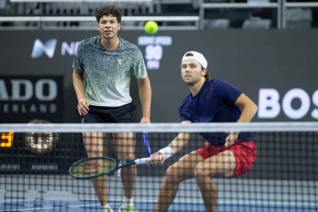 February 11, 2026, Frisco, Texas, USA: ALEKSANDR KOVACEVIC (USA) runs up to the ball during a menÃ¢â‚¬â ¢s doubles match at 2026 Nexo Dallas Open at The Ford Center at The Star in Frisco, Texas. Sadio Doumbia and Fabien Reboul defeated Aleksandr Kovacevic and Ben Shelton, 3:6, 6:3, 11:9. Frisco USA - ZUMAh193 20260211_zsp_h193_114 Copyright: xDanielxMcGregor-Huyerx