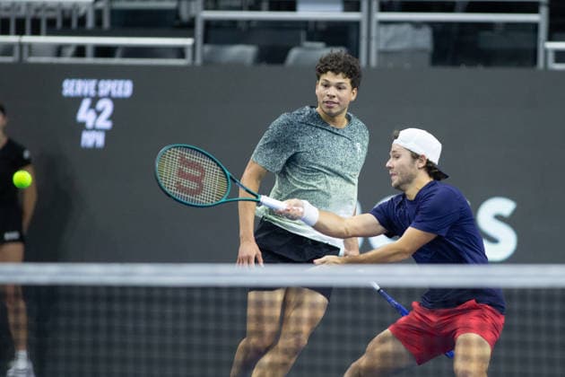 February 11, 2026, Frisco, Texas, USA: ALEKSANDR KOVACEVIC (USA) hits the ball during a menÃ¢â‚¬â ¢s doubles match at 2026 Nexo Dallas Open at The Ford Center at The Star in Frisco, Texas. Sadio Doumbia and Fabien Reboul defeated Aleksandr Kovacevic and Ben Shelton, 3:6, 6:3, 11:9. Frisco USA - ZUMAh193 20260211_zsp_h193_115 Copyright: xDanielxMcGregor-Huyerx