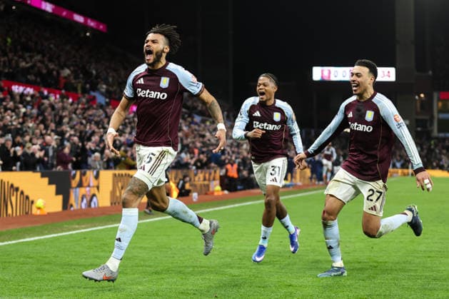 Birmingham, England, 11th February 2026. Tyrone Mings of Aston Villa celebrates his goal to make it 1-0 during the Aston Villa vs Brighton and Hove Albion Premier League match at Villa Park, Birmingham. Picture credit should read: Gareth Evans Sportimage EDITORIAL USE ONLY. No use with unauthorised audio, video, data, fixture lists, club league logos or live services. Online in-match use limited to 120 images, no video emulation. No use in betting, games or single club league player publications. SPI_116_GE_AVL_vs_BHA SPI-4521-0116