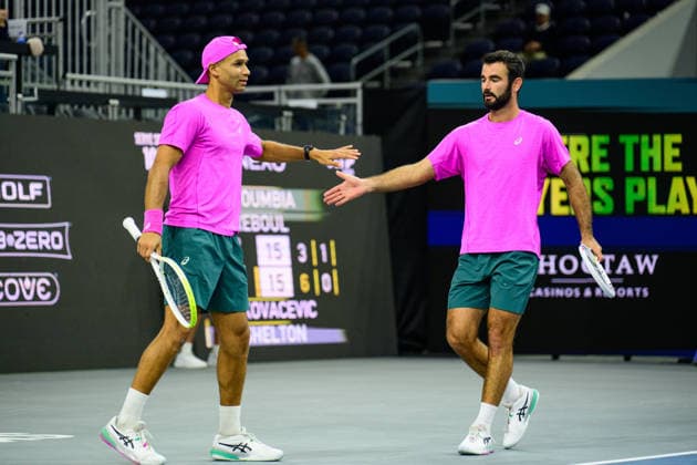 February 11, 2026, Frisco, Texas, USA: SADIO DOUMBIA(left) and doubles partner FABIEN REBOUL(right) during their doubles match against Ben Shelton & Aleksandar Kovacevic at the Dallas Open doubles quarterfinals. Sadio Doumbia & Fabien Reboul defeated Ben Shelton & Aleksandar Kovacevic in 3 sets. 3:6, 6:3 and 11:9. Frisco USA - ZUMAm348 20260211_znp_m348_005 Copyright: xLuisxRevillaxMatax