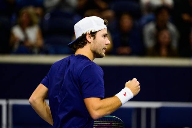 February 11, 2026, Frisco, Texas, USA: ALEKSANDAR KOVACEVIC celebrates scoring a point during his doubles match against Sadio Doumbia & Fabien Reboul at the Dallas Open doubles quarterfinals. Sadio Doumbia & Fabien Reboul defeated Ben Shelton & Aleksandar Kovacevic in 3 sets. 3:6, 6:3 and 11:9. Frisco USA - ZUMAm348 20260211_znp_m348_010 Copyright: xLuisxRevillaxMatax