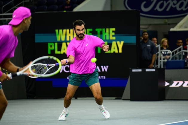 February 11, 2026, Frisco, Texas, USA: FABIEN REBOUL returns the ball during his doubles match against Ben Shelton & Aleksandar Kovacevic at the Dallas Open doubles quarterfinals. Sadio Doumbia & Fabien Reboul defeated Ben Shelton & Aleksandar Kovacevic in 3 sets. 3:6, 6:3 and 11:9. Frisco USA - ZUMAm348 20260211_znp_m348_013 Copyright: xLuisxRevillaxMatax