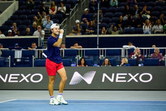 February 11, 2026, Frisco, Texas, USA: ALEKSANDAR KOVACEVIC celebrates scoring a point during his doubles match against Sadio Doumbia & Fabien Reboul at the Dallas Open doubles quarterfinals. Sadio Doumbia & Fabien Reboul defeated Ben Shelton & Aleksandar Kovacevic in 3 sets. 3:6, 6:3 and 11:9. Frisco USA - ZUMAm348 20260211_znp_m348_014 Copyright: xLuisxRevillaxMatax