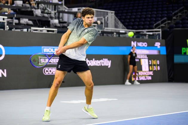 February 11, 2026, Frisco, Texas, USA: BEN SHELTON returns the ball during his doubles match against Sadio Doumbia & Fabien Reboul at the Dallas Open doubles quarterfinals. Sadio Doumbia & Fabien Reboul defeated Ben Shelton & Aleksandar Kovacevic in 3 sets. 3:6, 6:3 and 11:9. Frisco USA - ZUMAm348 20260211_znp_m348_017 Copyright: xLuisxRevillaxMatax