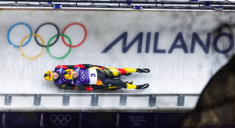 February 11, 2026, Cortina D ampezzo, Lombardy, Italy: Tobias Wendl, front, and Tobias Arlt of Germany win bronze in Mens Doubles Luge at the Cortina Sliding Centre for the Milano Cortina 2026 Winter Olympics. Cortina Sliding Centre Ã? Luge  - ZUMAsc5_ 20260211_oly_sc5_015 Copyright: xErichxSchlegelx