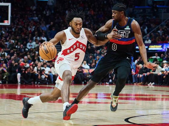 February 11, 2026, Toronto, On, Canada: Toronto Raptors Immanuel Quickley (5) drives past Detroit Pistons Caris LeVert (8) during first half NBA, Basketball Herren, USA basketball action in Toronto, on Wednesday, Feb. 11, 2026. Canada News - February 11, 2026  - ZUMAc35_ 20260211_zaf_c35_296 Copyright: xSammyxKoganx