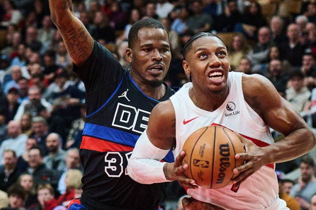 February 11, 2026, Toronto, On, Canada: Toronto Raptors RJ Barrett (9) drives through Detroit Pistons Javonte Green (31) during first half NBA, Basketball Herren, USA basketball action in Toronto, on Wednesday, Feb. 11, 2026. Canada News - February 11, 2026  - ZUMAc35_ 20260211_zaf_c35_297 Copyright: xSammyxKoganx