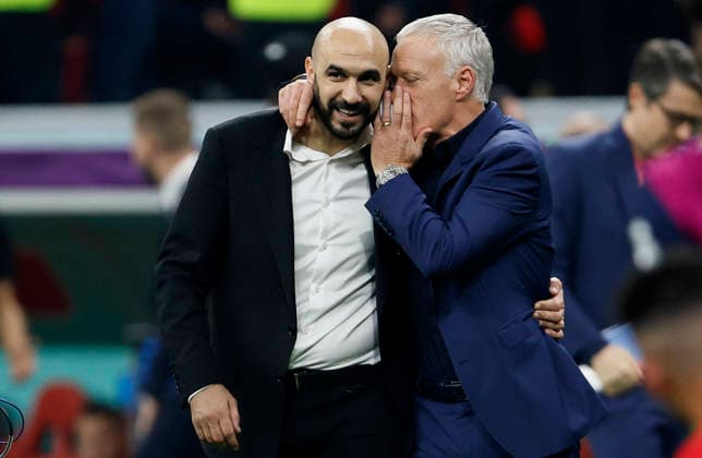 France v Morocco: Semi Final - FIFA World Cup, WM, Weltmeisterschaft, Fussball Qatar 2022 Didier Deschamps, Head Coach of France speaks to Walid Regragui, Head Coach of Morocco after the FIFA World Cup Qatar 2022 semi final match between France and Morocco at Al Bayt Stadium on December 14, 2022 in Al Khor, Qatar. Al Khor Al Bayt Stadium QATAR Qatar Copyright: xAllstarxPicturexLibraryxLtdx
