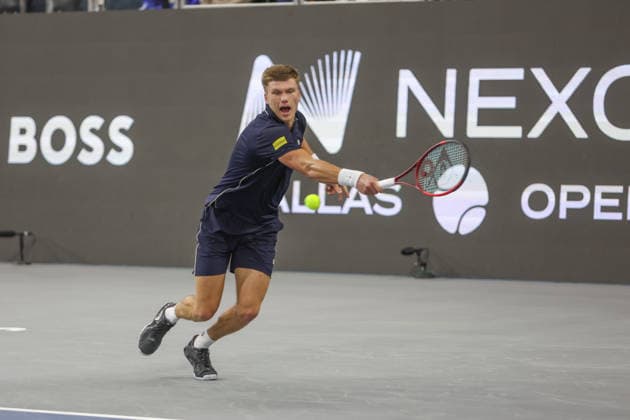 FRISCO, TX - FEBRUARY 11: Jenson Brooksby (USA) hits a backhand during the Nexo Dallas Open on February 11, 2026 at Ford Center at The Star in Frisco, TX. (Photo by George Walker Icon Sportswire) TENNIS: FEB 11 Dallas Open EDITORIAL USE ONLY Icon26021117