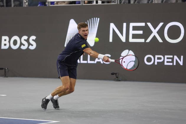 FRISCO, TX - FEBRUARY 11: Jenson Brooksby (USA) hits a backhand during the Nexo Dallas Open on February 11, 2026 at Ford Center at The Star in Frisco, TX. (Photo by George Walker Icon Sportswire) TENNIS: FEB 11 Dallas Open EDITORIAL USE ONLY Icon26021118