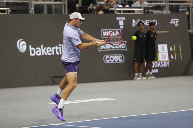 FRISCO, TX - FEBRUARY 11: Tommy Paul (USA) hits a backhand during the Nexo Dallas Open on February 11, 2026 at Ford Center at The Star in Frisco, TX. (Photo by George Walker Icon Sportswire) TENNIS: FEB 11 Dallas Open EDITORIAL USE ONLY Icon26021119