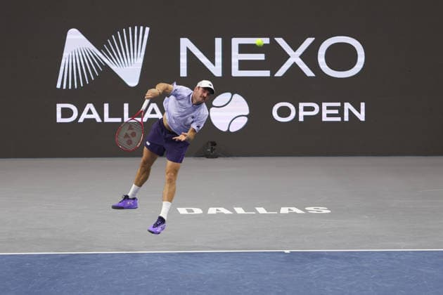FRISCO, TX - FEBRUARY 11: Tommy Paul (USA) serves during the Nexo Dallas Open on February 11, 2026 at Ford Center at The Star in Frisco, TX. (Photo by George Walker Icon Sportswire) TENNIS: FEB 11 Dallas Open EDITORIAL USE ONLY Icon26021121