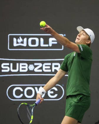 FRISCO, TX - FEBRUARY 11: Ethan Quinn (USA) serves during the Nexo Dallas Open on February 11, 2026 at Ford Center at The Star in Frisco, TX. (Photo by George Walker Icon Sportswire) TENNIS: FEB 11 Dallas Open EDITORIAL USE ONLY Icon26021124