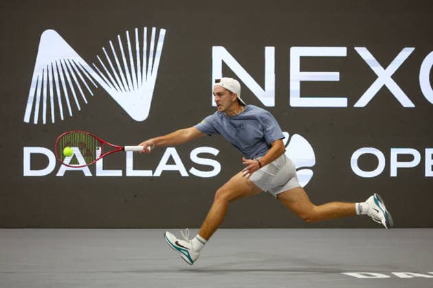 FRISCO, TX - FEBRUARY 11: Trevor Svajda (USA) hits a forehand during the Nexo Dallas Open on February 11, 2026 at Ford Center at The Star in Frisco, TX. (Photo by George Walker Icon Sportswire) TENNIS: FEB 11 Dallas Open EDITORIAL USE ONLY Icon26021126