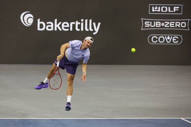 FRISCO, TX - FEBRUARY 11: Tommy Paul (USA) serves during the Nexo Dallas Open on February 11, 2026 at Ford Center at The Star in Frisco, TX. (Photo by George Walker Icon Sportswire) TENNIS: FEB 11 Dallas Open EDITORIAL USE ONLY Icon26021128