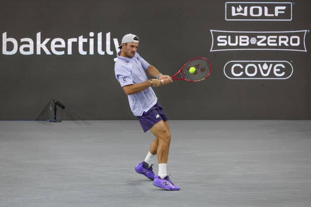 FRISCO, TX - FEBRUARY 11: Tommy Paul (USA) hits a backhand during the Nexo Dallas Open on February 11, 2026 at Ford Center at The Star in Frisco, TX. (Photo by George Walker Icon Sportswire) TENNIS: FEB 11 Dallas Open EDITORIAL USE ONLY Icon26021132