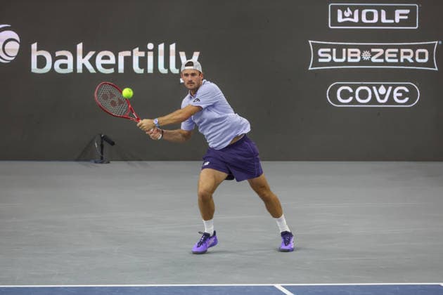 FRISCO, TX - FEBRUARY 11: Tommy Paul (USA) hits a backhand during the Nexo Dallas Open on February 11, 2026 at Ford Center at The Star in Frisco, TX. (Photo by George Walker Icon Sportswire) TENNIS: FEB 11 Dallas Open EDITORIAL USE ONLY Icon26021134