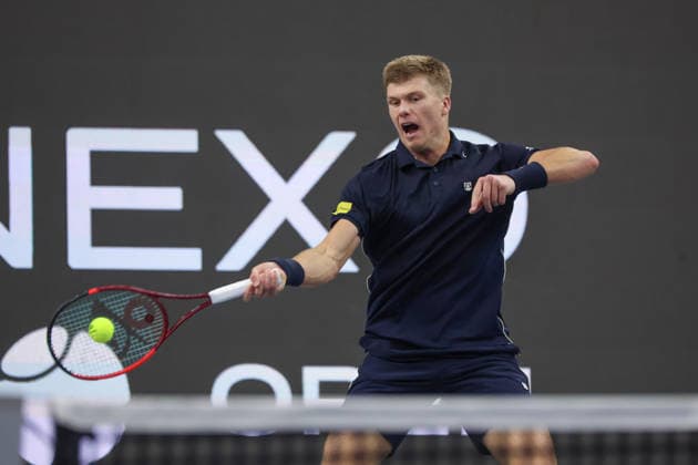 FRISCO, TX - FEBRUARY 11: Jenson Brooksby (USA) hits a forehand during the Nexo Dallas Open on February 11, 2026 at Ford Center at The Star in Frisco, TX. (Photo by George Walker Icon Sportswire) TENNIS: FEB 11 Dallas Open EDITORIAL USE ONLY Icon26021136