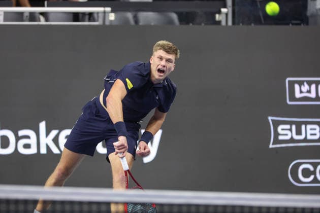 FRISCO, TX - FEBRUARY 11: Jenson Brooksby (USA) serves during the Nexo Dallas Open on February 11, 2026 at Ford Center at The Star in Frisco, TX. (Photo by George Walker Icon Sportswire) TENNIS: FEB 11 Dallas Open EDITORIAL USE ONLY Icon26021139