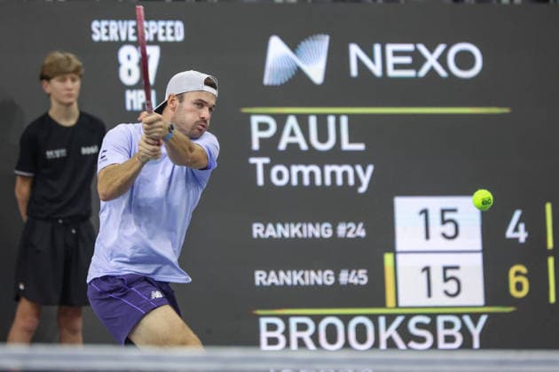 FRISCO, TX - FEBRUARY 11: Tommy Paul (USA) hits a backhand during the Nexo Dallas Open on February 11, 2026 at Ford Center at The Star in Frisco, TX. (Photo by George Walker Icon Sportswire) TENNIS: FEB 11 Dallas Open EDITORIAL USE ONLY Icon26021141