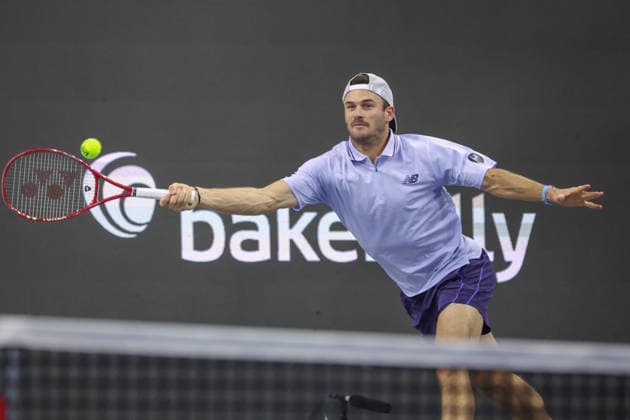 FRISCO, TX - FEBRUARY 11: Tommy Paul (USA) hits a forehand during the Nexo Dallas Open on February 11, 2026 at Ford Center at The Star in Frisco, TX. (Photo by George Walker Icon Sportswire) TENNIS: FEB 11 Dallas Open EDITORIAL USE ONLY Icon26021142