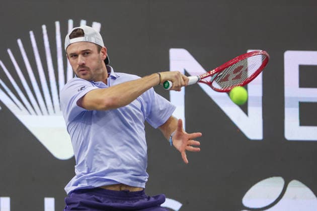 FRISCO, TX - FEBRUARY 11: Tommy Paul (USA) hits a forehand during the Nexo Dallas Open on February 11, 2026 at Ford Center at The Star in Frisco, TX. (Photo by George Walker Icon Sportswire) TENNIS: FEB 11 Dallas Open EDITORIAL USE ONLY Icon26021144