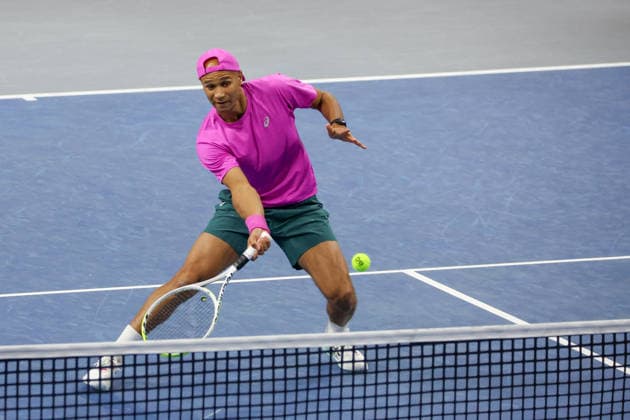 FRISCO, TX - FEBRUARY 11: Sadio Doumbia (FRA) hits a volley during the Nexo Dallas Open on February 11, 2026 at Ford Center at The Star in Frisco, TX. (Photo by George Walker Icon Sportswire) TENNIS: FEB 11 Dallas Open EDITORIAL USE ONLY Icon26021146