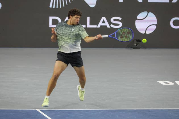 FRISCO, TX - FEBRUARY 11: Ben Shelton (USA) hits a forehand during the Nexo Dallas Open on February 11, 2026 at Ford Center at The Star in Frisco, TX. (Photo by George Walker Icon Sportswire) TENNIS: FEB 11 Dallas Open EDITORIAL USE ONLY Icon26021148
