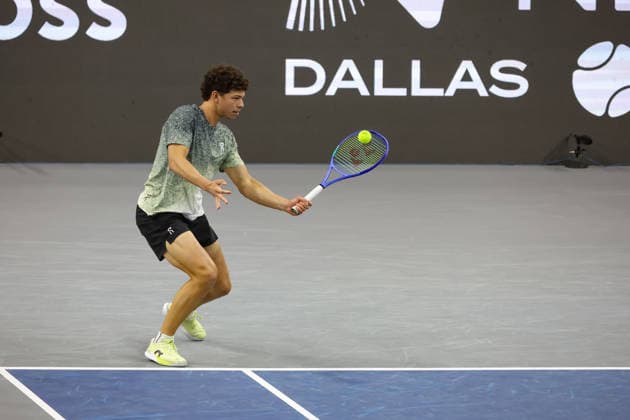 FRISCO, TX - FEBRUARY 11: Ben Shelton (USA) hits a forehand during the Nexo Dallas Open on February 11, 2026 at Ford Center at The Star in Frisco, TX. (Photo by George Walker Icon Sportswire) TENNIS: FEB 11 Dallas Open EDITORIAL USE ONLY Icon26021149