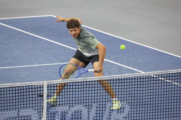 FRISCO, TX - FEBRUARY 11: Ben Shelton (USA) hits a volley during the Nexo Dallas Open on February 11, 2026 at Ford Center at The Star in Frisco, TX. (Photo by George Walker Icon Sportswire) TENNIS: FEB 11 Dallas Open EDITORIAL USE ONLY Icon26021151