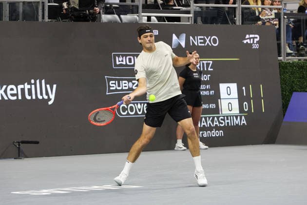 FRISCO, TX - FEBRUARY 11: Taylor Fritz (USA) hits a forehand during the Nexo Dallas Open on February 11, 2026 at Ford Center at The Star in Frisco, TX. (Photo by George Walker Icon Sportswire) TENNIS: FEB 11 Dallas Open EDITORIAL USE ONLY Icon26021153