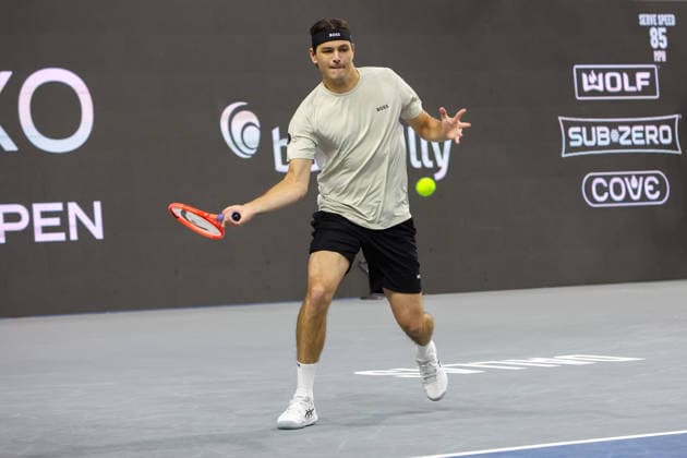 FRISCO, TX - FEBRUARY 11: Taylor Fritz (USA) hits a forehand during the Nexo Dallas Open on February 11, 2026 at Ford Center at The Star in Frisco, TX. (Photo by George Walker Icon Sportswire) TENNIS: FEB 11 Dallas Open EDITORIAL USE ONLY Icon26021154