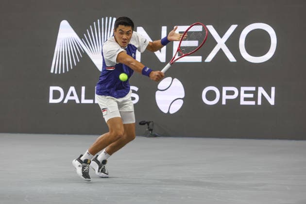 FRISCO, TX - FEBRUARY 11: Brandon Nakashima (USA) hits a backhand during the Nexo Dallas Open on February 11, 2026 at Ford Center at The Star in Frisco, TX. (Photo by George Walker Icon Sportswire) TENNIS: FEB 11 Dallas Open EDITORIAL USE ONLY Icon26021155