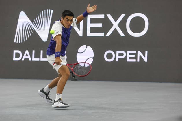 FRISCO, TX - FEBRUARY 11: Brandon Nakashima (USA) hits a backhand during the Nexo Dallas Open on February 11, 2026 at Ford Center at The Star in Frisco, TX. (Photo by George Walker Icon Sportswire) TENNIS: FEB 11 Dallas Open EDITORIAL USE ONLY Icon26021156