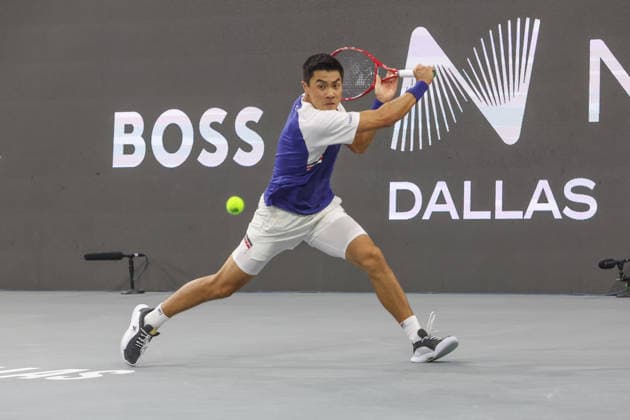 FRISCO, TX - FEBRUARY 11: Brandon Nakashima (USA) hits a backhand during the Nexo Dallas Open on February 11, 2026 at Ford Center at The Star in Frisco, TX. (Photo by George Walker Icon Sportswire) TENNIS: FEB 11 Dallas Open EDITORIAL USE ONLY Icon26021157