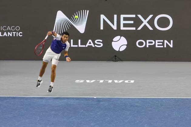 FRISCO, TX - FEBRUARY 11: Brandon Nakashima (USA) serves during the Nexo Dallas Open on February 11, 2026 at Ford Center at The Star in Frisco, TX. (Photo by George Walker Icon Sportswire) TENNIS: FEB 11 Dallas Open EDITORIAL USE ONLY Icon26021158
