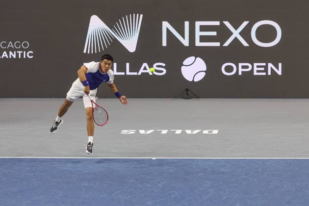 FRISCO, TX - FEBRUARY 11: Brandon Nakashima (USA) serves during the Nexo Dallas Open on February 11, 2026 at Ford Center at The Star in Frisco, TX. (Photo by George Walker Icon Sportswire) TENNIS: FEB 11 Dallas Open EDITORIAL USE ONLY Icon26021159