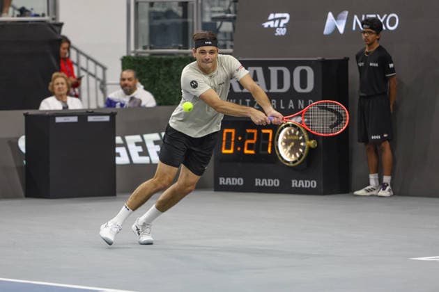 FRISCO, TX - FEBRUARY 11: Taylor Fritz (USA) hits a backhand during the Nexo Dallas Open on February 11, 2026 at Ford Center at The Star in Frisco, TX. (Photo by George Walker Icon Sportswire) TENNIS: FEB 11 Dallas Open EDITORIAL USE ONLY Icon26021162