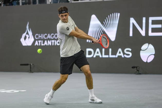 FRISCO, TX - FEBRUARY 11: Taylor Fritz (USA) hits a backhand during the Nexo Dallas Open on February 11, 2026 at Ford Center at The Star in Frisco, TX. (Photo by George Walker Icon Sportswire) TENNIS: FEB 11 Dallas Open EDITORIAL USE ONLY Icon26021163