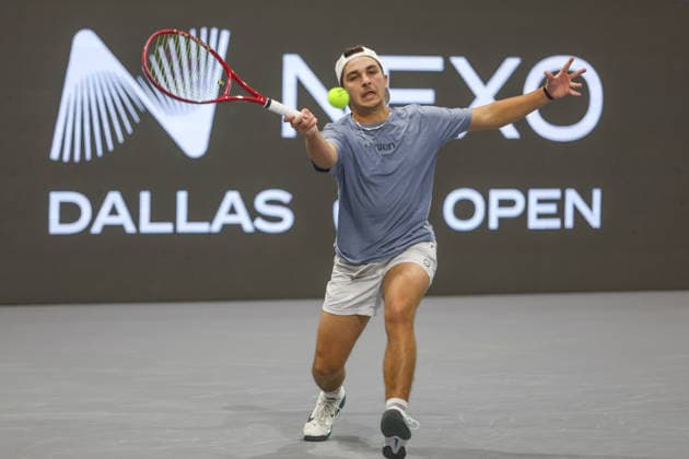 FRISCO, TX - FEBRUARY 11: Trevor Svajda (USA) hits a forehand during the Nexo Dallas Open on February 11, 2026 at Ford Center at The Star in Frisco, TX. (Photo by George Walker Icon Sportswire) TENNIS: FEB 11 Dallas Open EDITORIAL USE ONLY Icon26021101