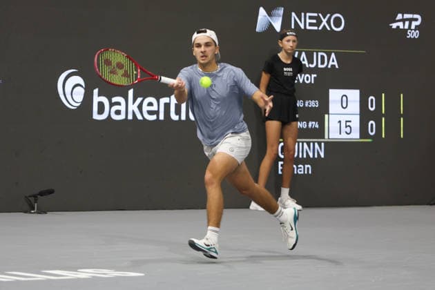 FRISCO, TX - FEBRUARY 11: Trevor Svajda (USA) hits a forehand during the Nexo Dallas Open on February 11, 2026 at Ford Center at The Star in Frisco, TX. (Photo by George Walker Icon Sportswire) TENNIS: FEB 11 Dallas Open EDITORIAL USE ONLY Icon26021104