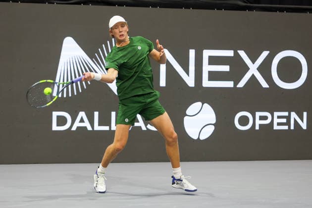 FRISCO, TX - FEBRUARY 11: Ethan Quinn (USA) hits a forehand during the Nexo Dallas Open on February 11, 2026 at Ford Center at The Star in Frisco, TX. (Photo by George Walker Icon Sportswire) TENNIS: FEB 11 Dallas Open EDITORIAL USE ONLY Icon26021105